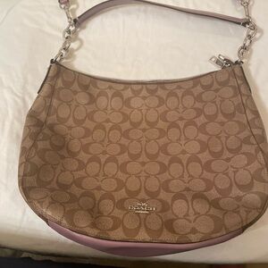 Coach Zip Shoulder Bag Signature Canvas Leather Khaki Lavender